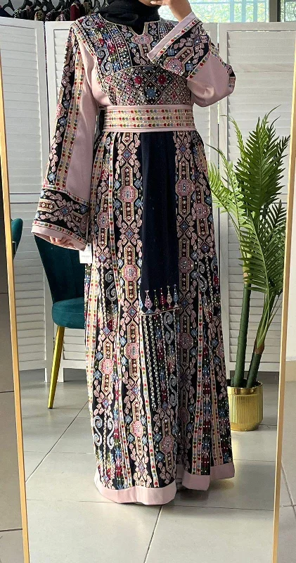 Full of Details Palestinian Embroidered Navy And Pink Thobe Dress Palestinian Embroidery Full of Details Palestinian Embroidered Navy And Pink Thobe Dress Palestinian Embroidery