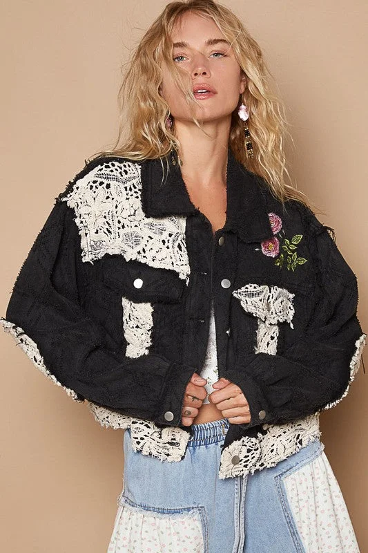 Hazel Blues® | POL Crochet Patch Embroidered Button Up Jacket Satin Jacket Silk Jacket Chiffon Jacket Hazel Blues® | POL Crochet Patch Embroidered Button Up Jacket Satin Jacket Silk Jacket Chiffon Jacket