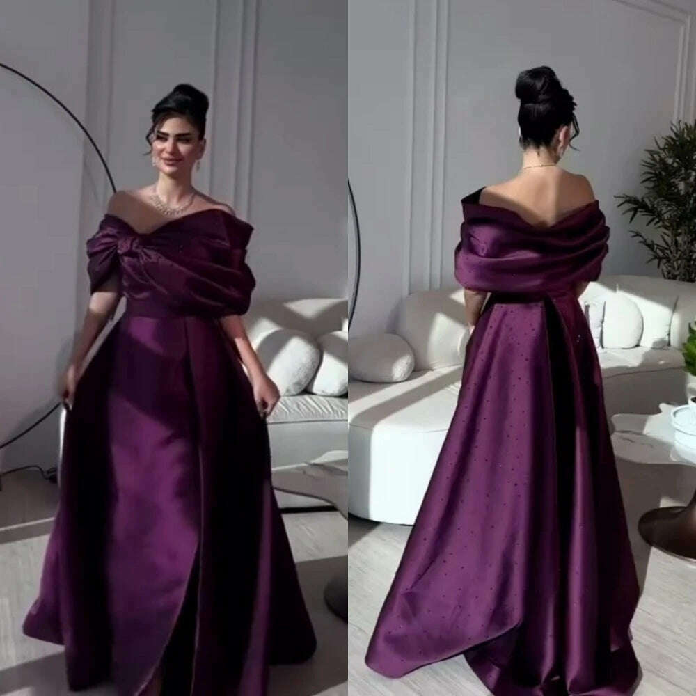 Fashion Off-the-shoulder A-line Floor Length Prom Dresses Bows Beading Satin Formal Occasion Gown vestido de festa mulher luxo Fashion Off-the-shoulder A-line Floor Length Prom Dresses Bows Beading Satin Formal Occasion Gown vestido de festa mulher luxo