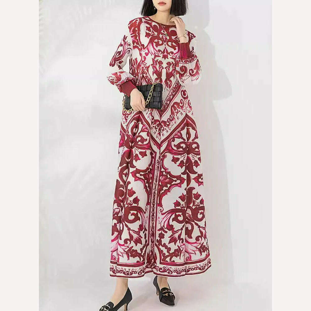 LANMREM Vintage Print Pleated A-line Dress Women Lantern Sleeves Contrast Color Long Dresses Fashion 2024 Spring New 32C741 LANMREM Vintage Print Pleated A-line Dress Women Lantern Sleeves Contrast Color Long Dresses Fashion 2024 Spring New 32C741