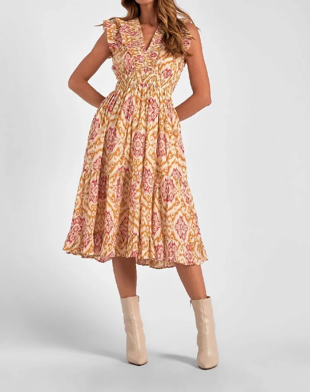 Midi Sleeveless Ruffle Dress In Gold Ikat