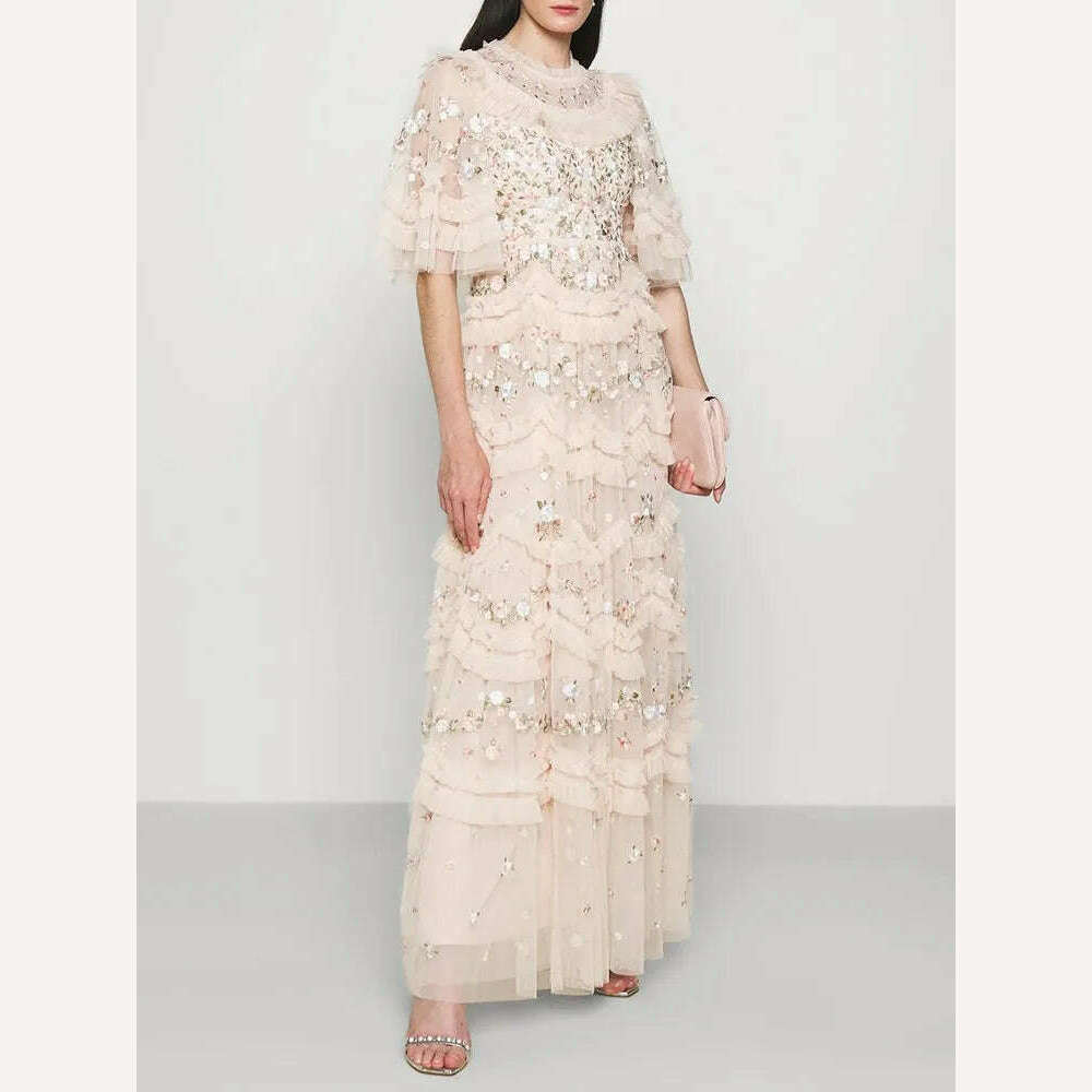 VGH Solid Patchwork Sequins Elegant Dress For Women Round Neck Flare Sleeve High Waist Folds Vintage Long Dresses Female Style