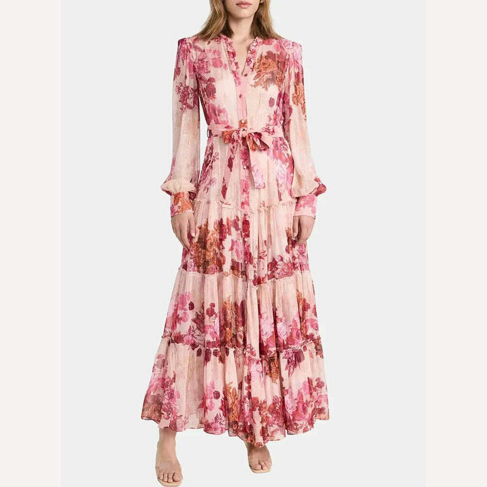 Patchwork Lace Up Floral Print Vintage Luxury Dresses for Women Round Neck Long Sleeve High Waist Spliced Button Elegant Dress Patchwork Lace Up Floral Print Vintage Luxury Dresses for Women Round Neck Long Sleeve High Waist Spliced Button Elegant Dress