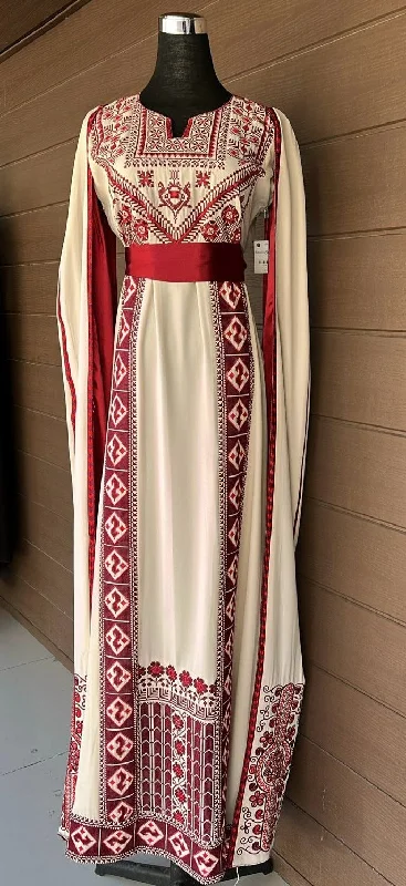 Stunning Off-White And Burgundy Royal Sleeve Palestinian Embroidered Dress