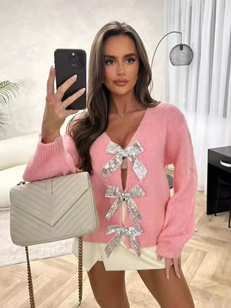 Advbridge Casual Sequin Bow Knitted Sweater Women Lace Up Deep V-neck Long Sleeve Female Cardigan 2024 Fall Hollow Out Lady Solid Y2k Tops Elasticated Padded Insulated Advbridge Casual Sequin Bow Knitted Sweater Women Lace Up Deep V-neck Long Sleeve Female Cardigan 2024 Fall Hollow Out Lady Solid Y2k Tops Elasticated Padded Insulated