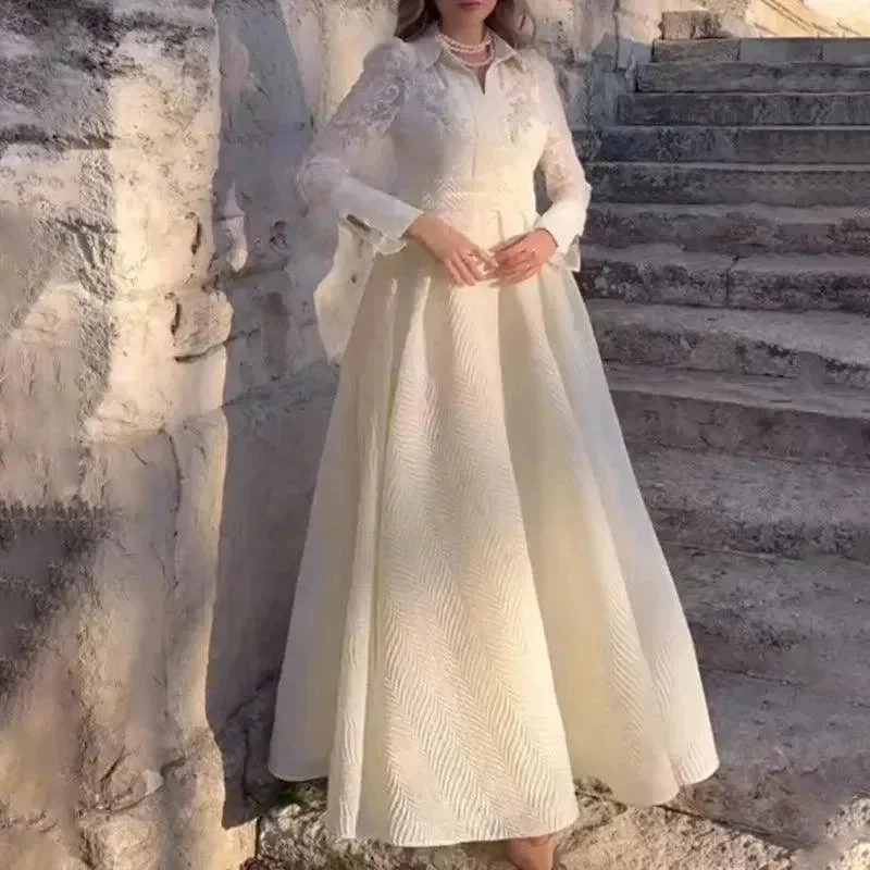 European And American White Front Chest Flower Beads Lace Yarn French Style Retro Long Sleeve Fashion Slim Dress European And American White Front Chest Flower Beads Lace Yarn French Style Retro Long Sleeve Fashion Slim Dress