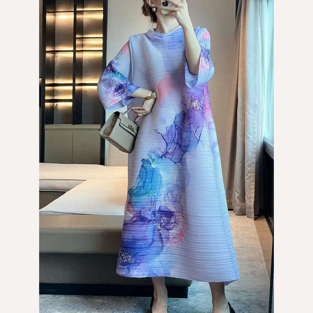 DEAT Pleated Women Dress Print Full Sleeve Elegant Evening Party Round Collar Loose Medium Long Autumn New 2023 Fashion 15KB4632 DEAT Pleated Women Dress Print Full Sleeve Elegant Evening Party Round Collar Loose Medium Long Autumn New 2023 Fashion 15KB4632
