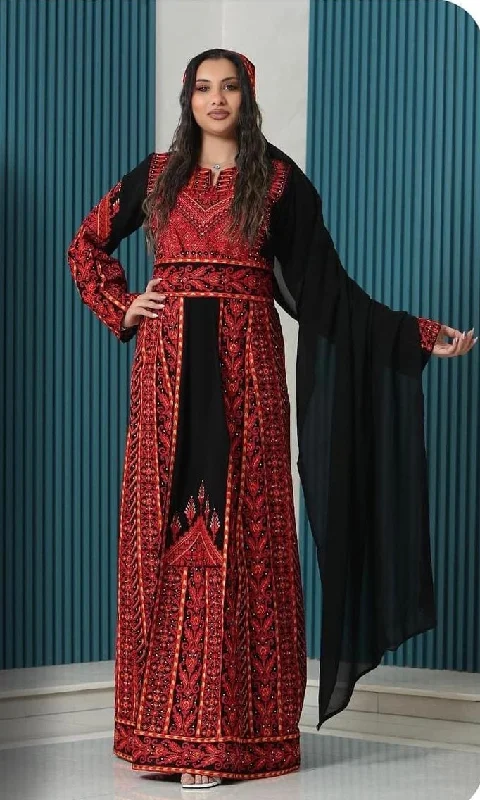 Fabulous Palestinian Embroidered Black Thobe Dress with Red Densed Amazing Embroidery Fabulous Palestinian Embroidered Black Thobe Dress with Red Densed Amazing Embroidery