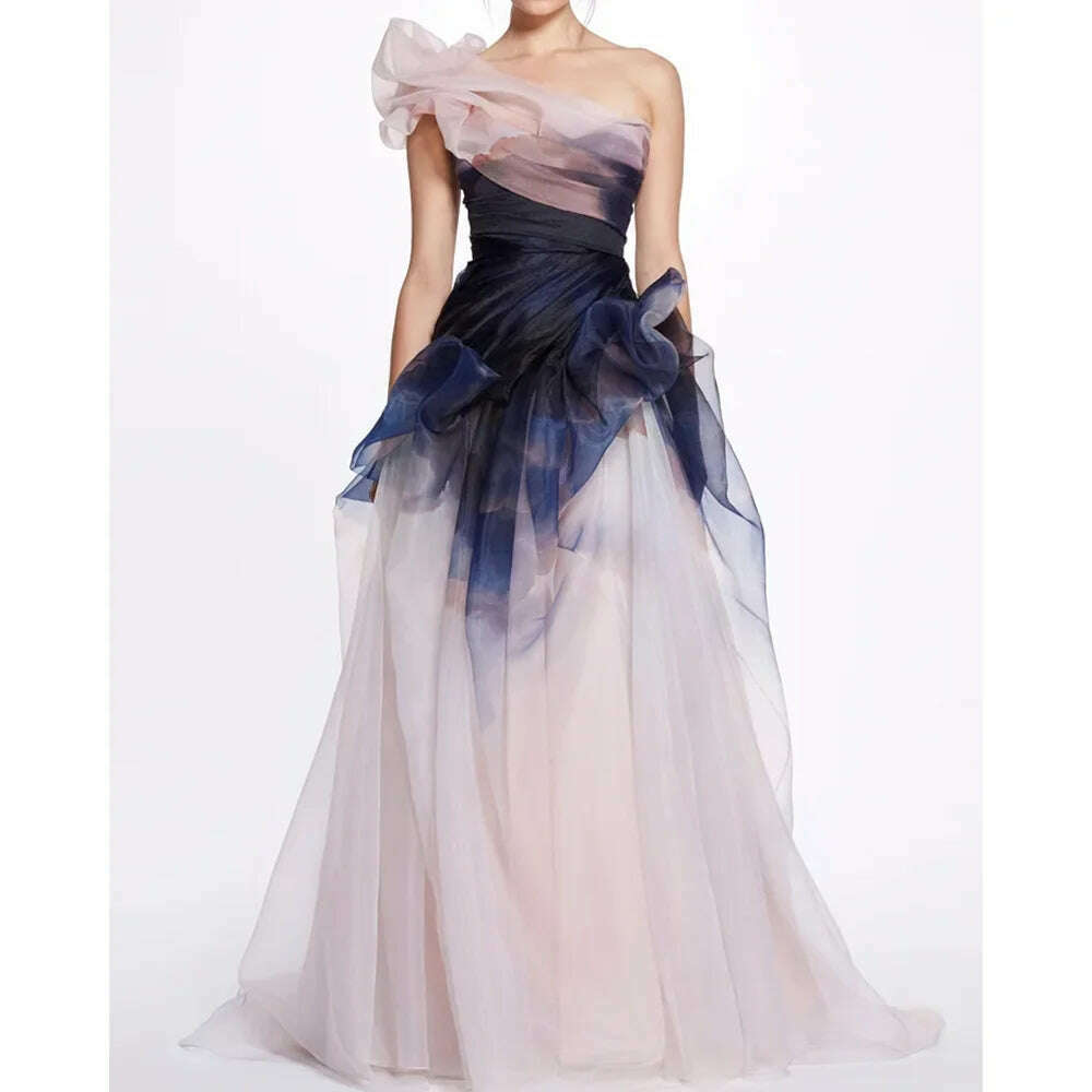 Fashion Tie Dye Prom Dress Elegant Pleat Ruched Floor Length A-Line Gowns Sweep Train Photography Party Formal Evening Dresses