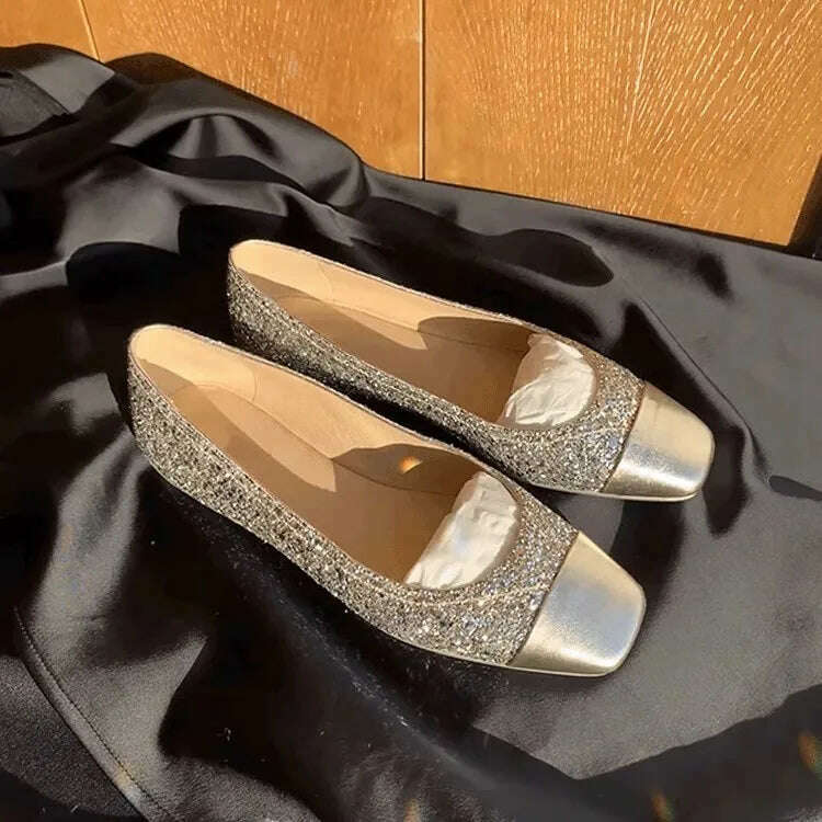 2023 Spring and Autumn New Fashion Flash Square Head Shallow Mouth Dress Flat Bottom Casual Women's Shoes