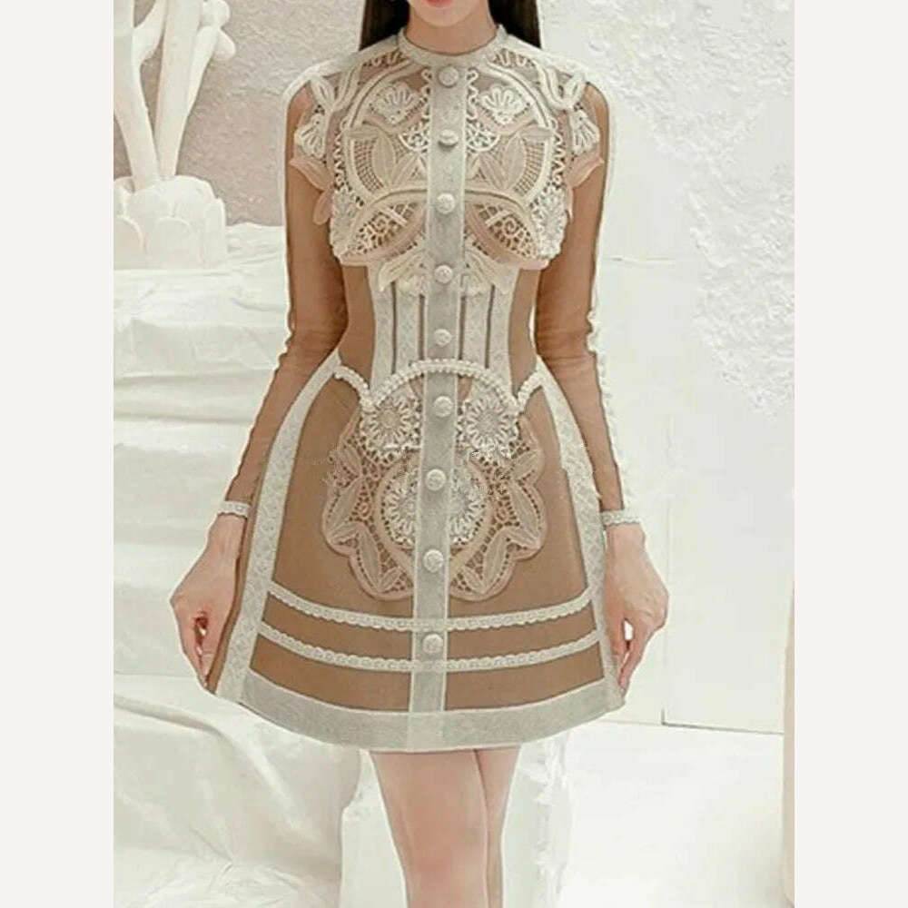 High-Quality Fashion Luxury Design Runway Dress Women's Mesh Long Sleeve Elegant Vintage Lace Patchwork Dresses Vestidos
