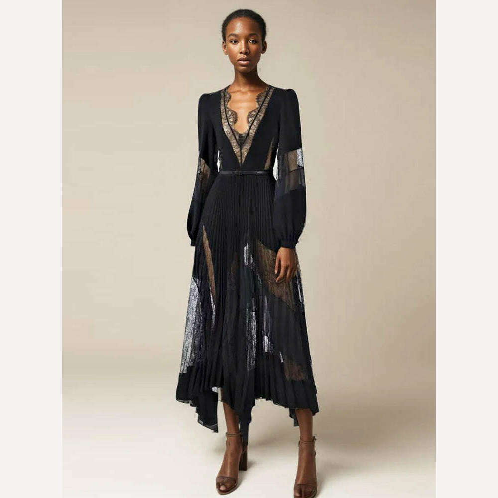 VGH Patchwork Lace Solid Sexy Slimming Dresses For Women V Neck Long Sleeve High Waist Spliced Belt Temperament Dress Female New VGH Patchwork Lace Solid Sexy Slimming Dresses For Women V Neck Long Sleeve High Waist Spliced Belt Temperament Dress Female New