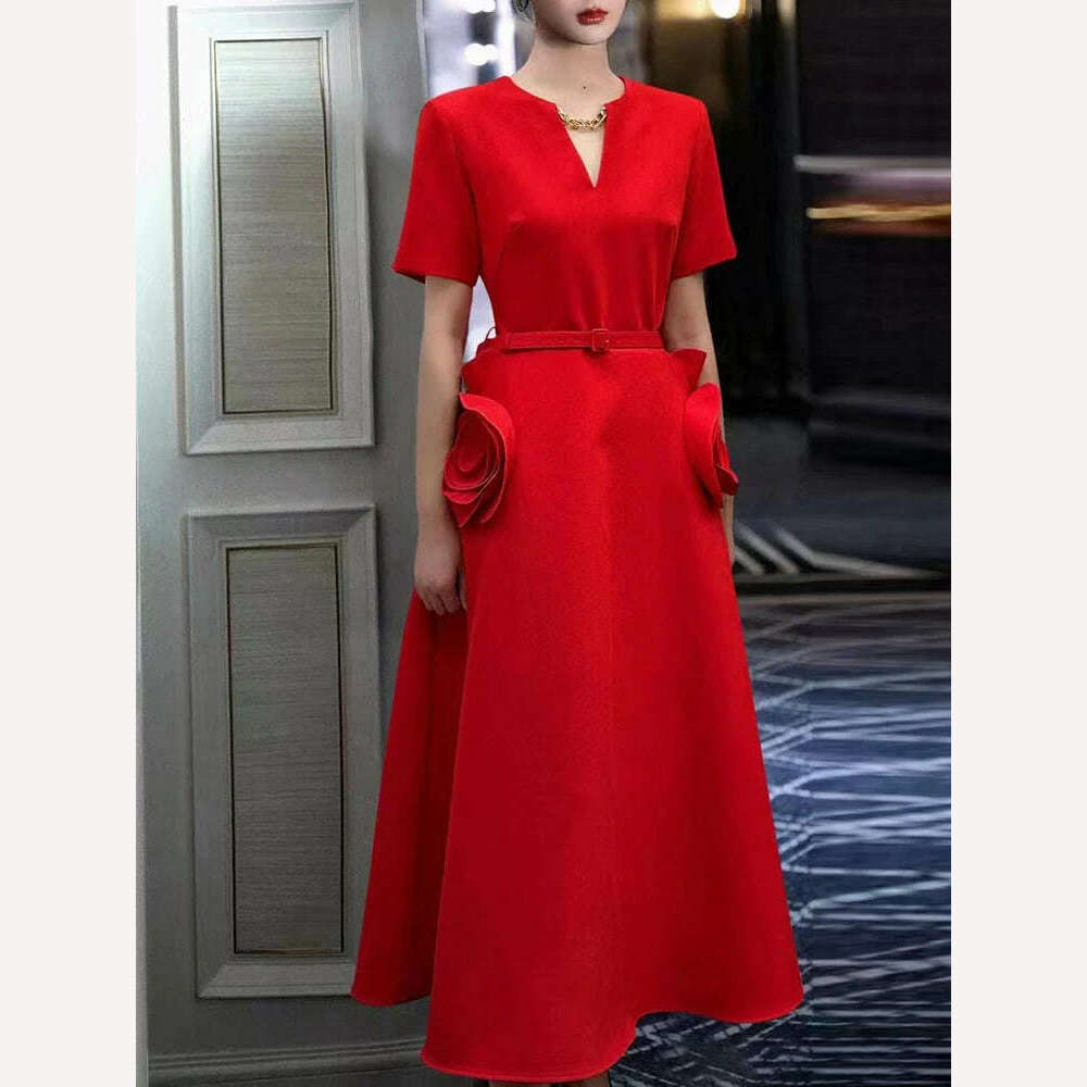 VGH Elegant Solid Patchwork Appliques Dresses For Women V Neck Short Sleeve High Waist Spliced Belt Temperament Dress Female New