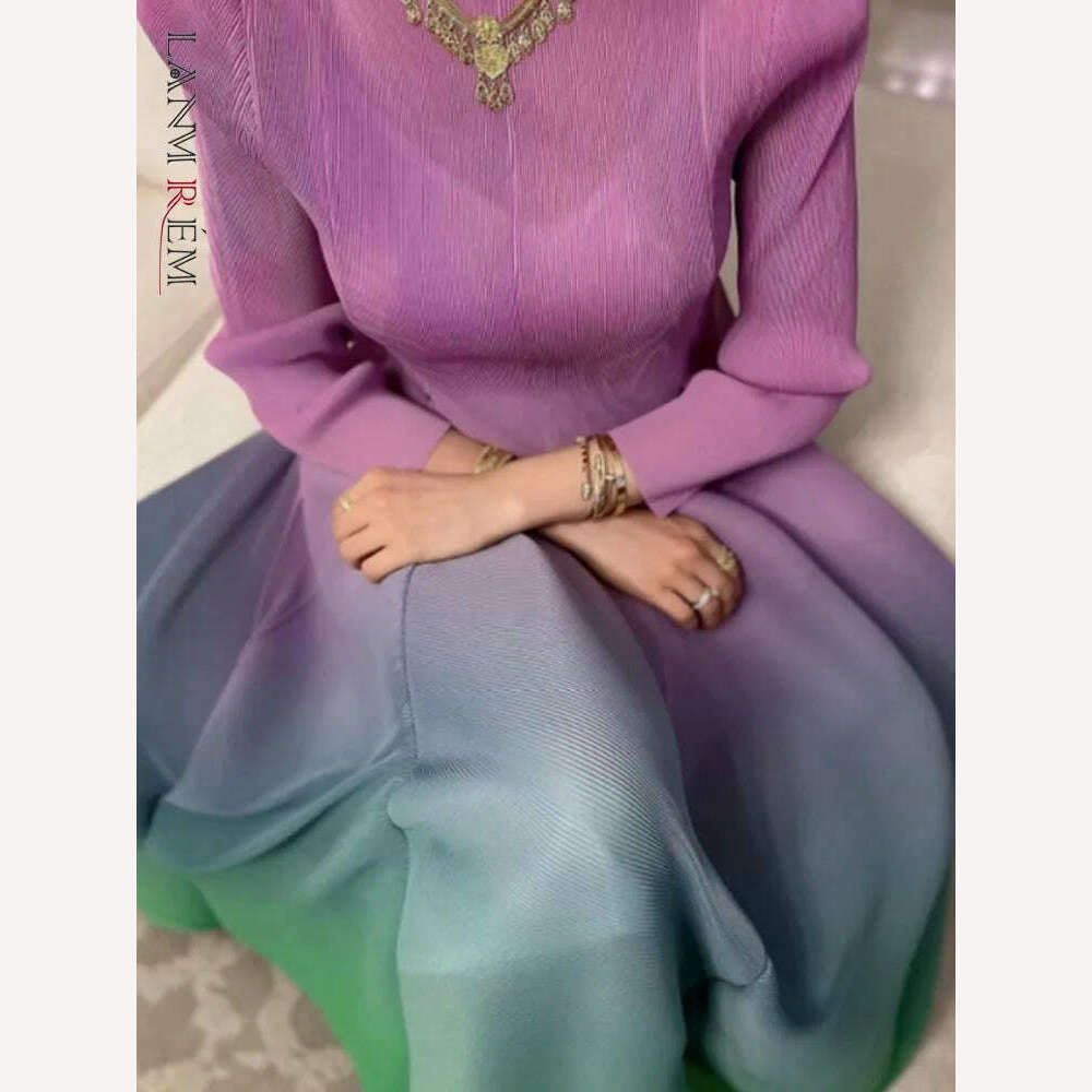 LANMREM Maxi Pleated Dress Gradient Full Sleeves Fold Elegant Dresses For Women 2023 New Summer Luxury Party Clothes 2YA2705 LANMREM Maxi Pleated Dress Gradient Full Sleeves Fold Elegant Dresses For Women 2023 New Summer Luxury Party Clothes 2YA2705