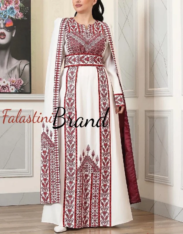 Stunning White And Red Royal Sleeve Palestinian Embroidered Dress