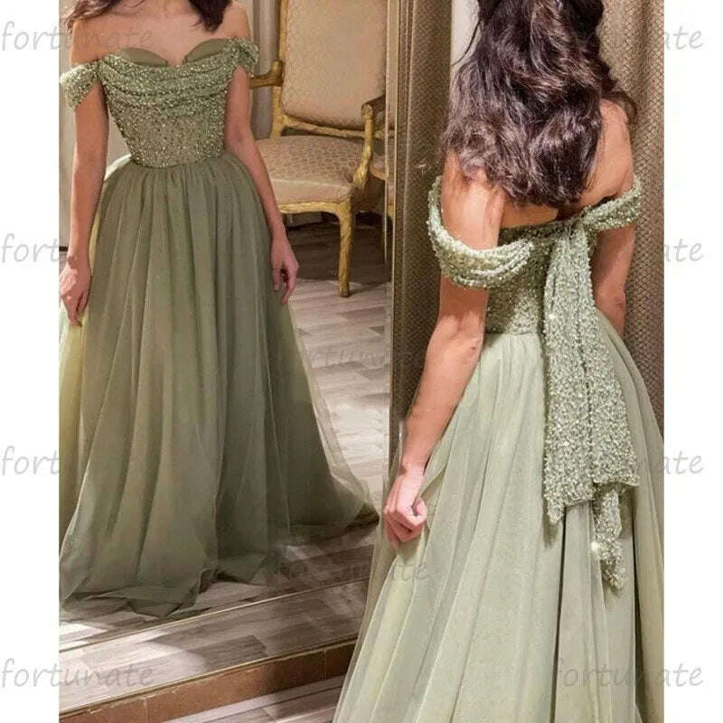 Elegant Homecoming Dresses Sweetheart Off The Shoulder Green Tulle Long Glitter Sequins Beads Graduation Formal Party Prom Gown Elegant Homecoming Dresses Sweetheart Off The Shoulder Green Tulle Long Glitter Sequins Beads Graduation Formal Party Prom Gown