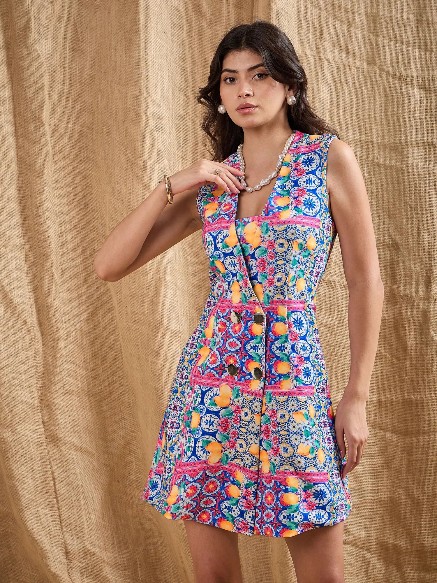 Women Blue Printed DoubleBreast Sleeveless Blazer Dress-SFDRSS12373 Women's Vintage Suit Women Blue Printed DoubleBreast Sleeveless Blazer Dress-SFDRSS12373 Women's Vintage Suit