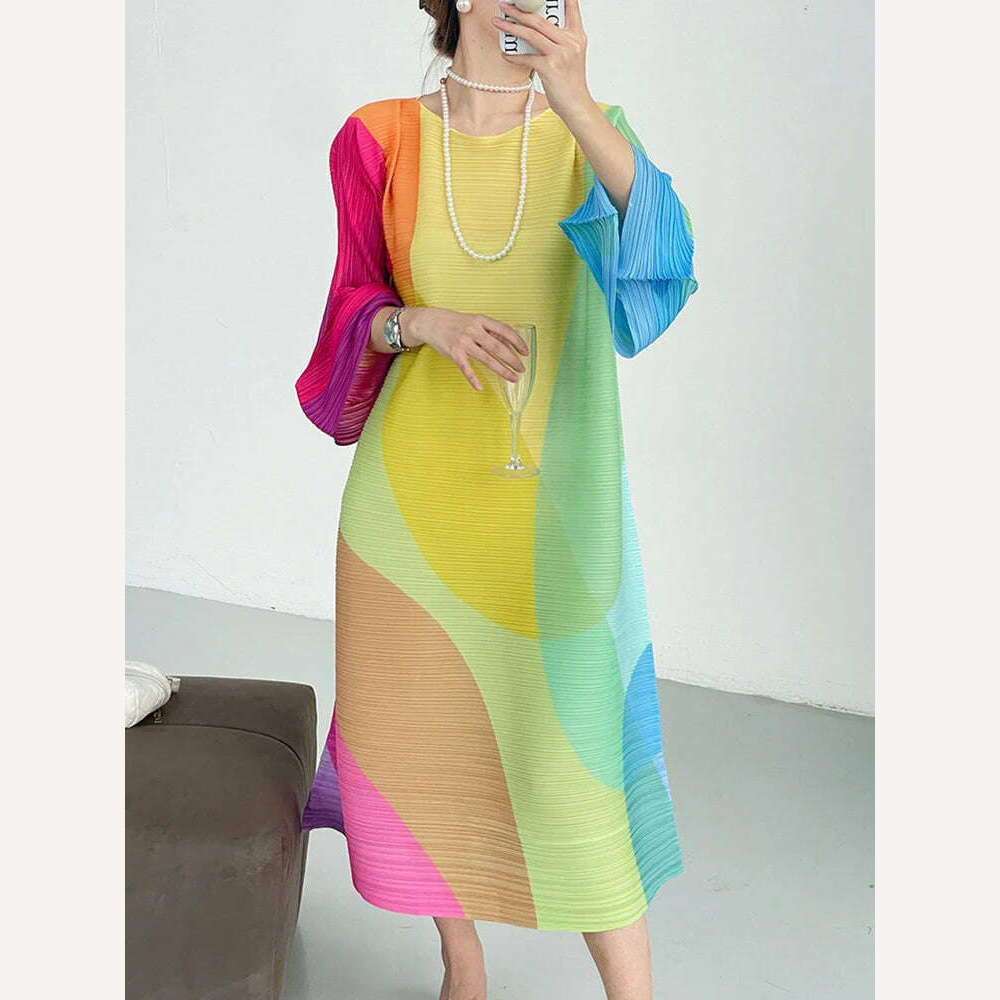 DEAT Pleated Color Block Dress Full Lantern Sleeve Round Collar A Line Loose Evening Party Clothing Elegant New 2023 15KB4476