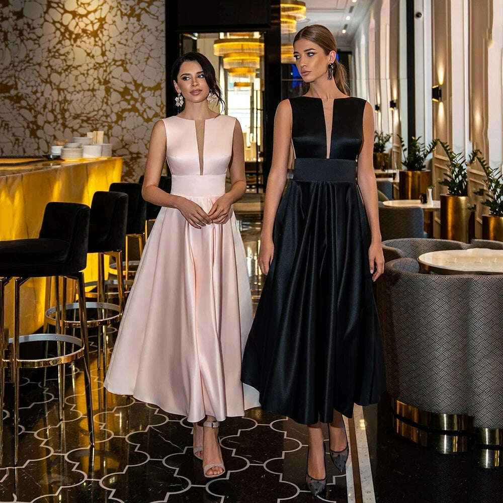Custom Color Tea-Length Satin 2024 Evening Dress Illustion V-Neck Sleeveless Evening Gown Sexy Backless A-Line Prom Dress