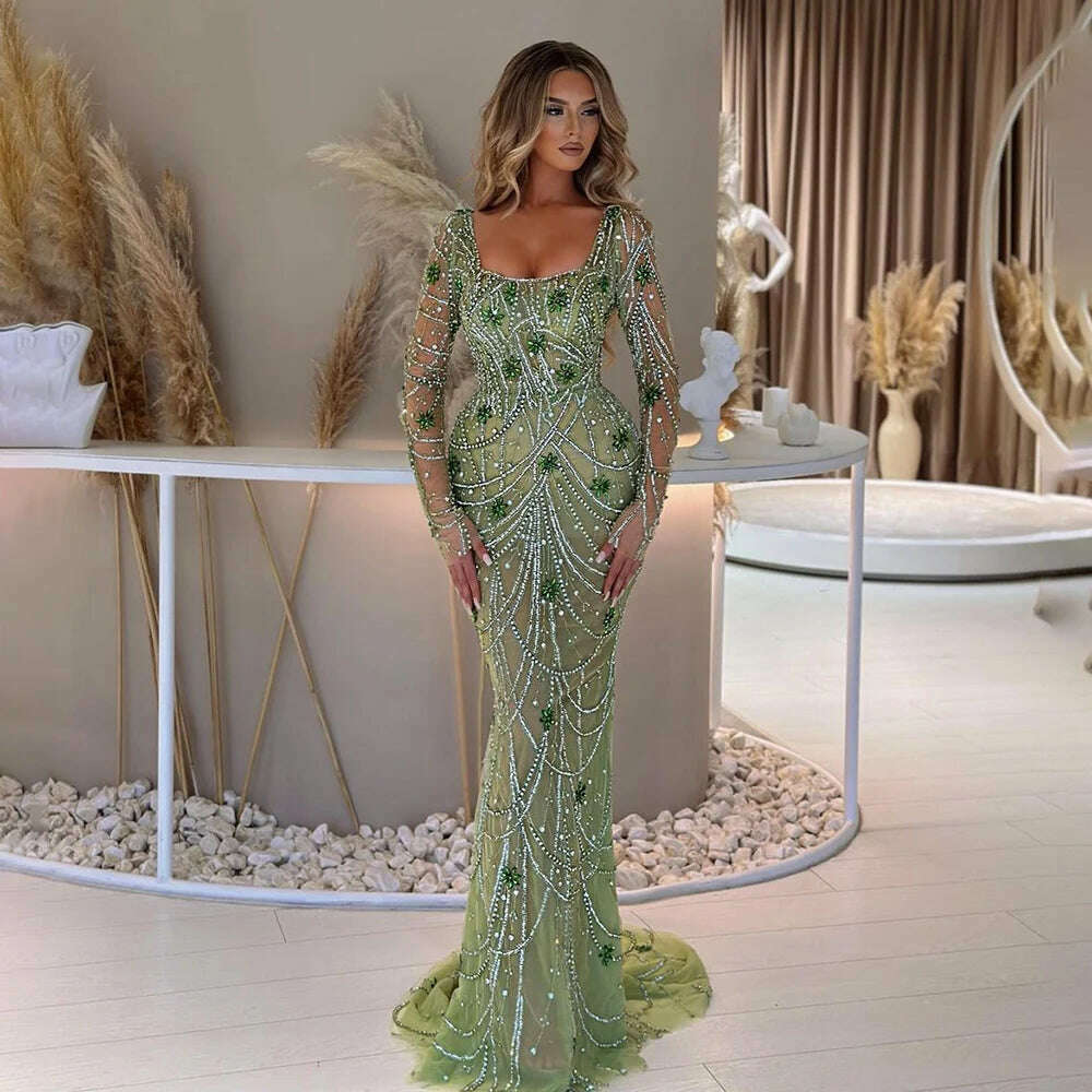 Serene Hill Luxury Dubai Green Mermaid Elegant Crystal Beaded Arabic Evening Dresses Gowns For Women Wedding Party 2023 BLA72242 Serene Hill Luxury Dubai Green Mermaid Elegant Crystal Beaded Arabic Evening Dresses Gowns For Women Wedding Party 2023 BLA72242