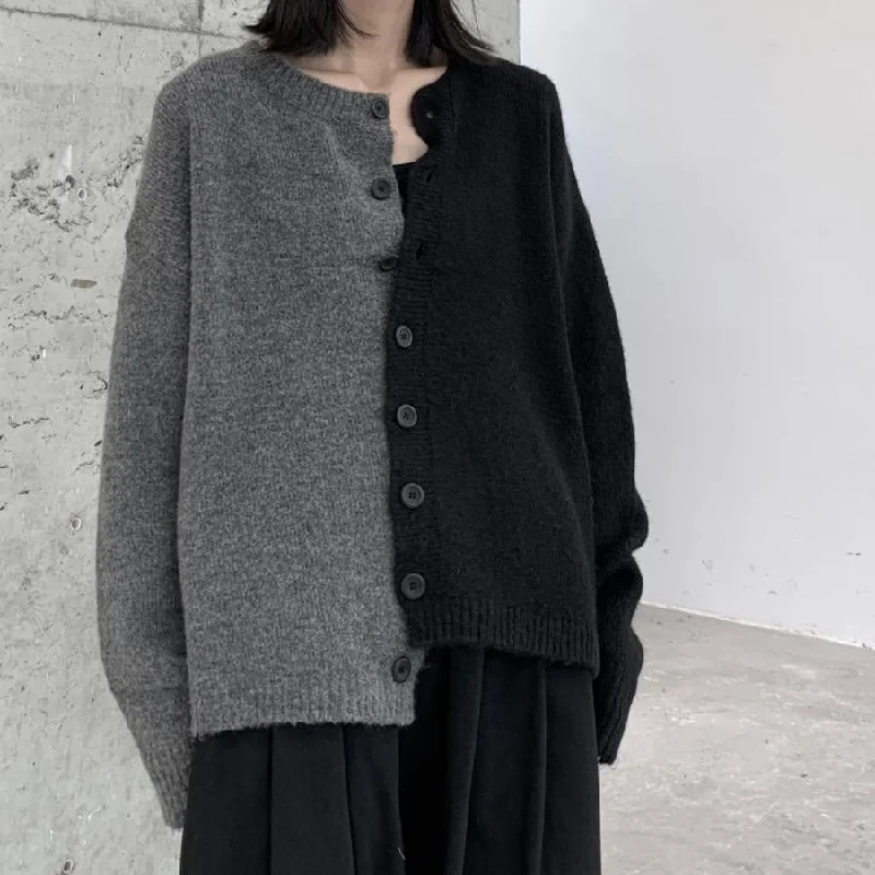 Dark Irregular Color Matching Knit Cardigan Polka Dot Checkered Tartan