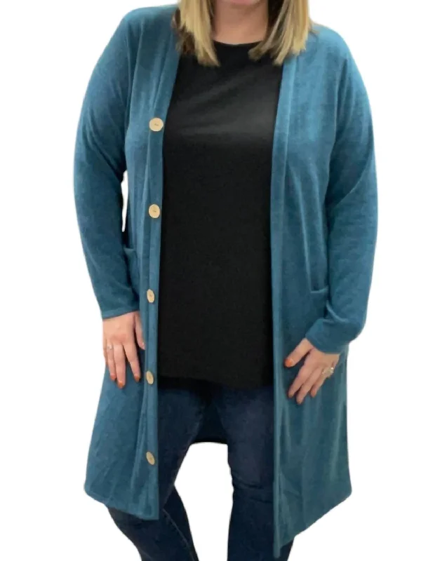 Long With Faux Buttons Cardigan In Teal Glossy Satin Silk