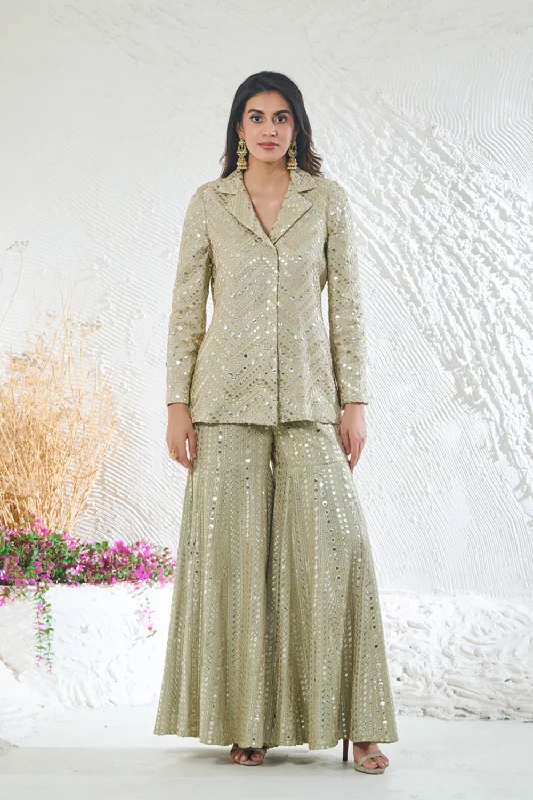 Sage Green Sharara With Short Style Kurta Jacket Wool Fabric Cashmere Fabric Tweed Fabric Sage Green Sharara With Short Style Kurta Jacket Wool Fabric Cashmere Fabric Tweed Fabric