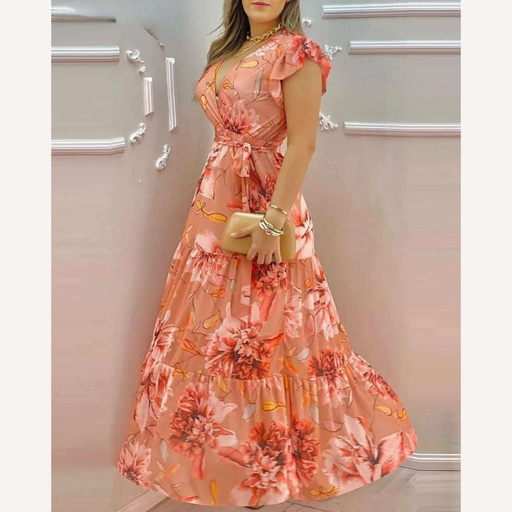 Women's V-neck Ruffle Sleeve Floral Print Chiffon Slim Long Dress
