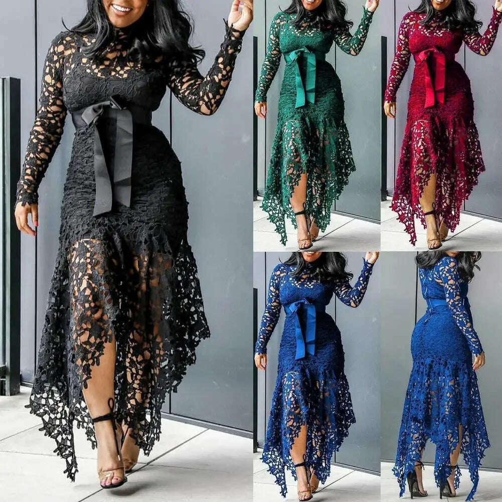 Fashion Women Dress Long Sleeve Bow Belted Irregular Hem Hollow Lace Sexy Bodycon Long Dresses Office Formal Dresses