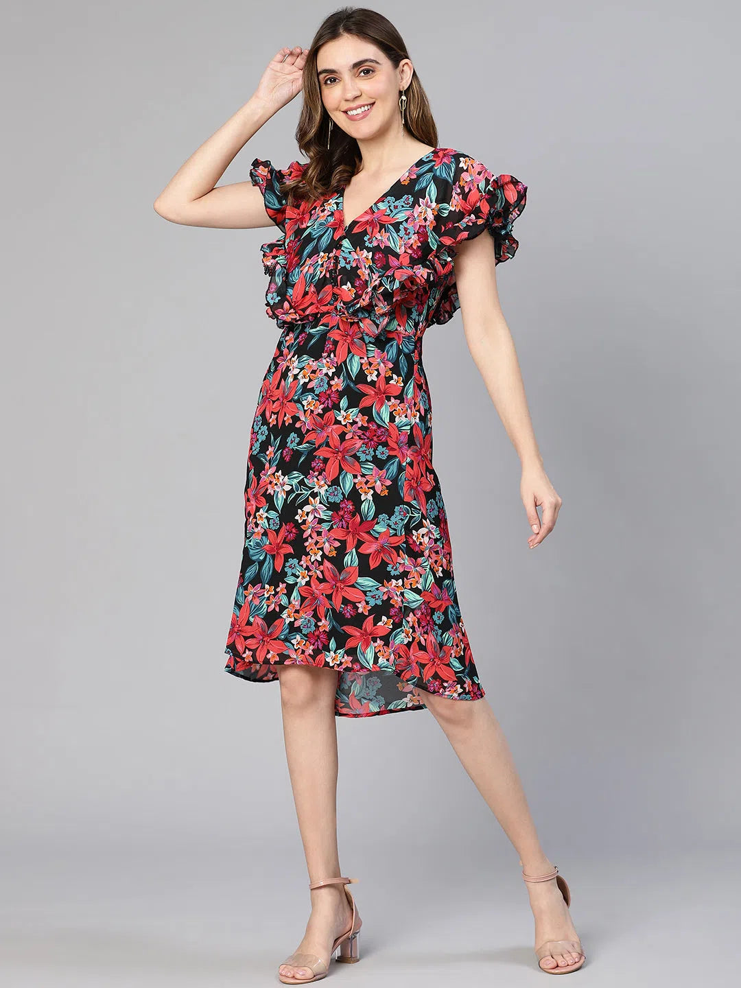 Dark Shaded Multicolor Floral Print Frill Women Dress