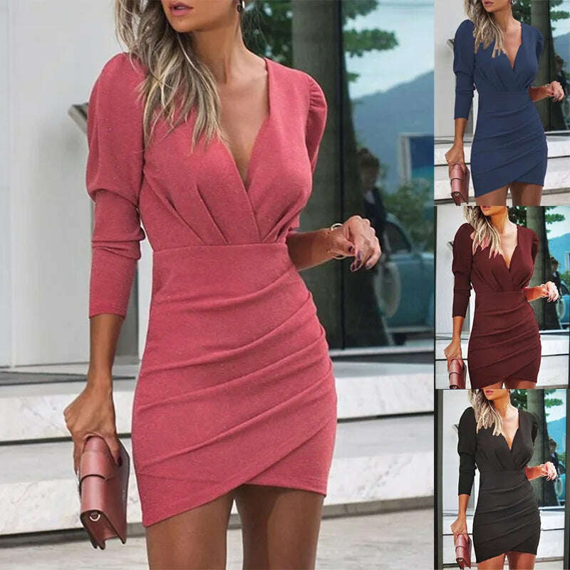 Dress Women Summer Solid Color v-neck Long Sleeve Folds Fashionable Dresses Casual Vestidos Dropshipping Sale SZLZLG2150