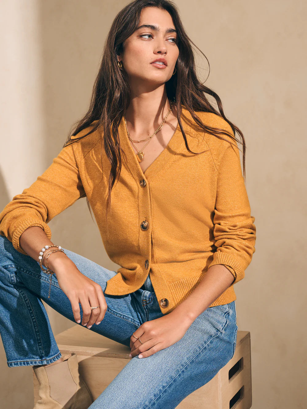 Faherty Jackson Cardigan - Gold Heather Embroidered Appliqued Beaded