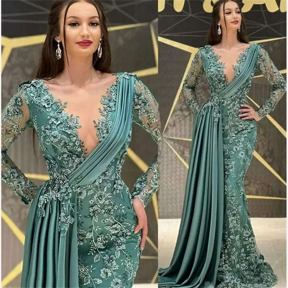 Trumpet/Mermaid Glamorous Evening Prom Dress V-Neck Party Ruffle Applique Stain Ruched Long Sleeve Floor-Length Princess Ladies Trumpet/Mermaid Glamorous Evening Prom Dress V-Neck Party Ruffle Applique Stain Ruched Long Sleeve Floor-Length Princess Ladies