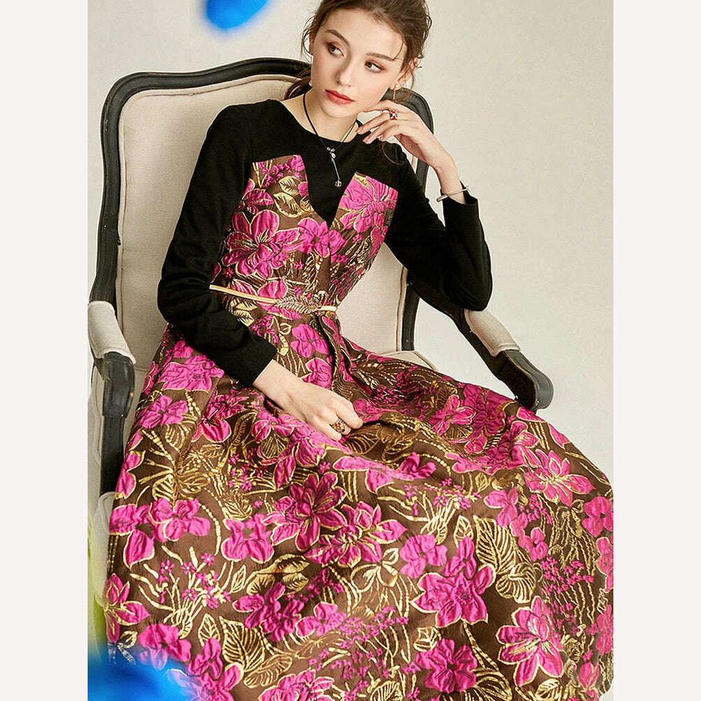 Quality Vintage Women Jacquard Dress New Elegant Clothing Evening Dresses Long Sleeve Spliced Spring Autumn Floral Ball Gown