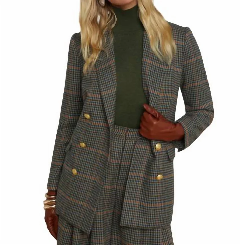 Aimee Relaxed Double Breasted Breast Blazer In Tan/teal Plaid Women's Unique Blazer