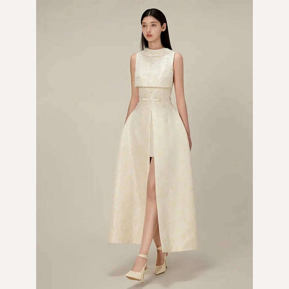 DEAT Elegant Dress Studded Beads Jacquard Sleeveless Backless Slit Ankle-length Women's Dresses 2024 Summer New Fashion 13DB4582 DEAT Elegant Dress Studded Beads Jacquard Sleeveless Backless Slit Ankle-length Women's Dresses 2024 Summer New Fashion 13DB4582