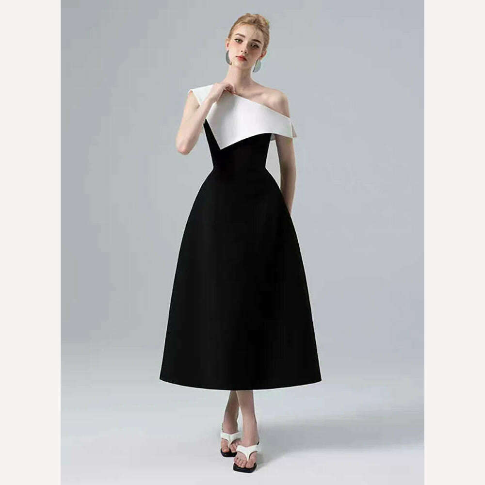 DEAT Strapless Dress for Women with Slash Neck Contrast Color Waist Retraction Zipper Mid-Calf Length Spring Season New Fashion DEAT Strapless Dress for Women with Slash Neck Contrast Color Waist Retraction Zipper Mid-Calf Length Spring Season New Fashion