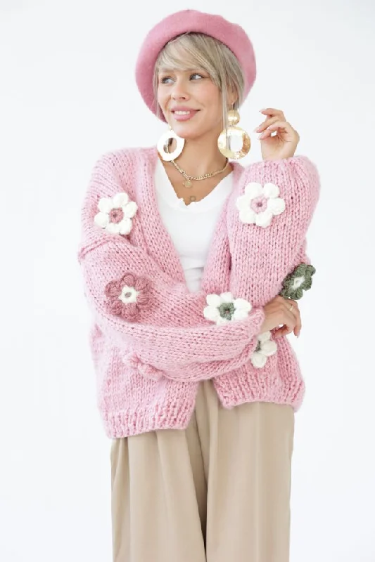 Flower Handmade Cardigan Pink Fleece Fabric Down Fabric Feather Fabric