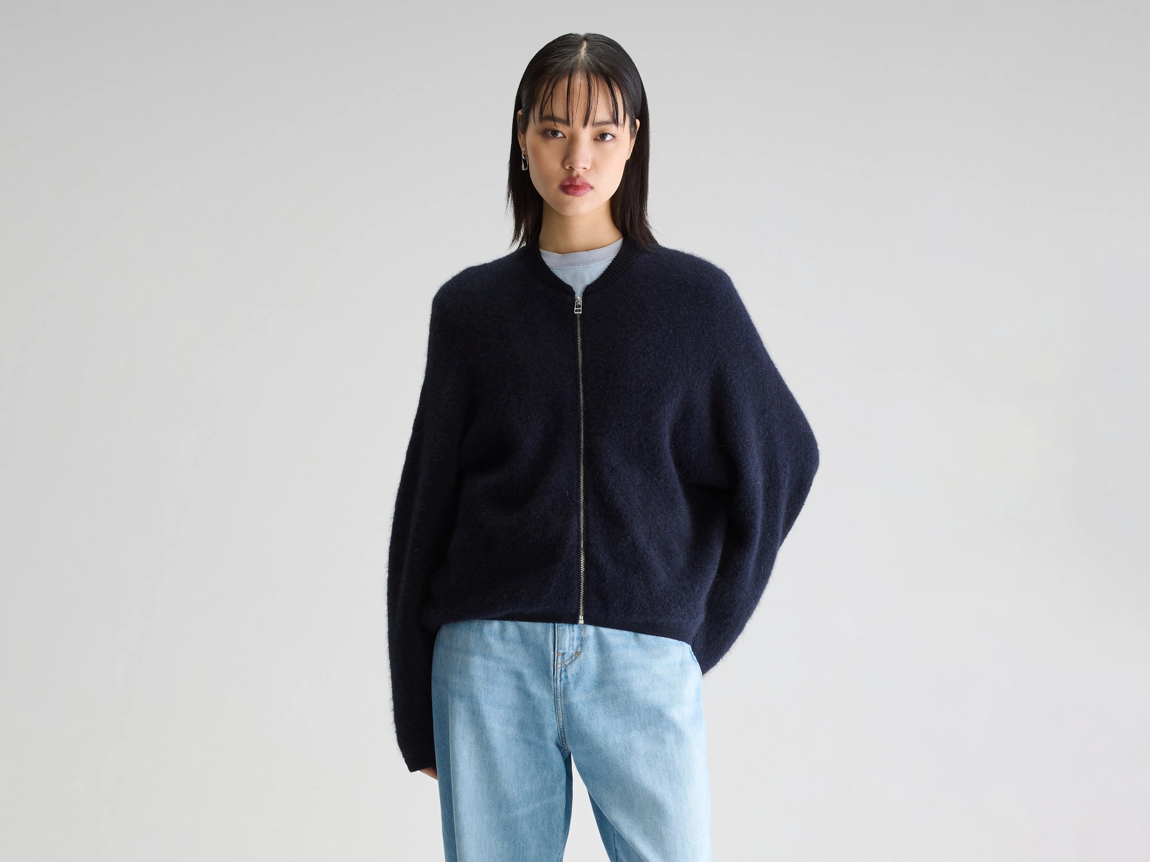 Asedi zip-up cardigan (252 / W / NAVY) Mesh Blend Leather Blend Suede Blend