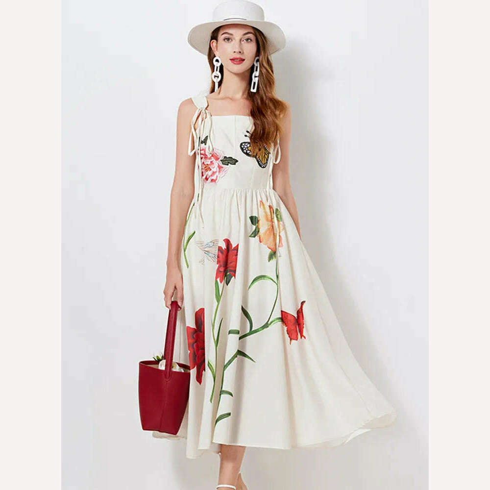 High Quality Luxury Design Lace Up Butterfly Flower Embroidery Dress Women Print Spaghetti Strap Slim High Waist Long Dresses