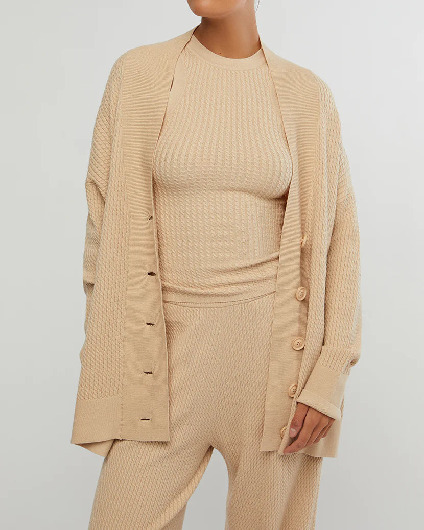 WeWoreWhat Oversized Cardigan - Cable Knit Beige Solid Print Embellished