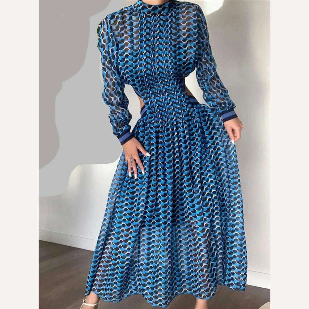 VGH Hollow Out Printing Elegant Dresses For Women Stand Collar Long Sleeve High Waist Minimalist Dress Female Fashion Clothing VGH Hollow Out Printing Elegant Dresses For Women Stand Collar Long Sleeve High Waist Minimalist Dress Female Fashion Clothing