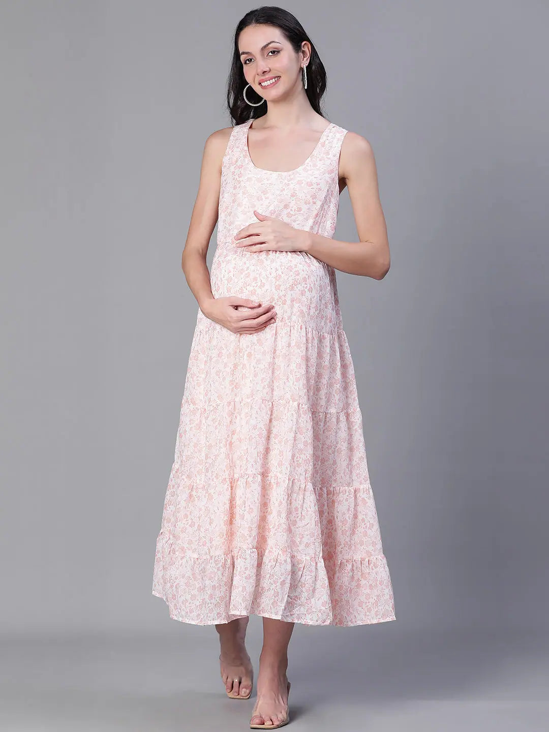 Light Pink Floral Print Sleeveless Maternity Long Dress