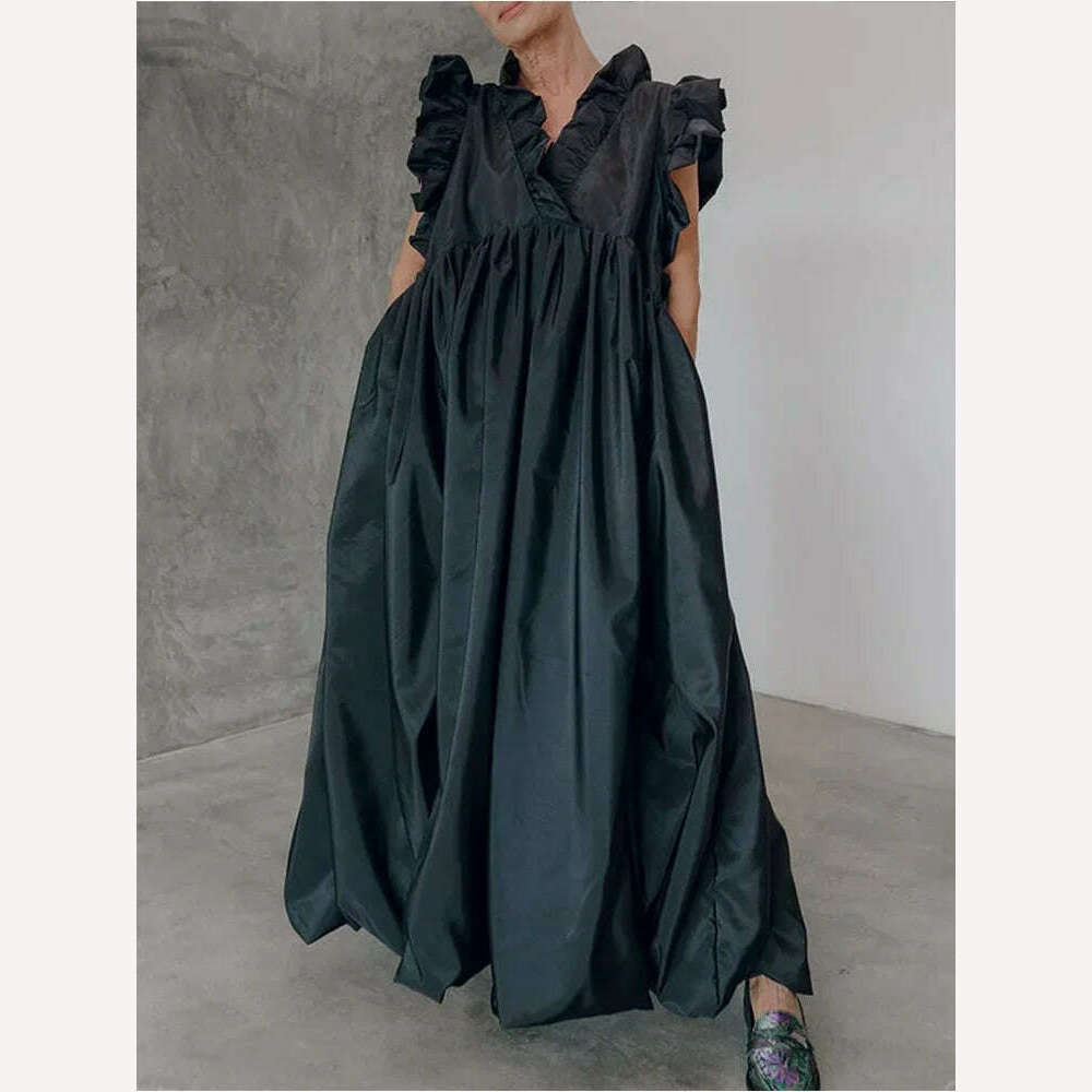 Women's Pleated Dress A-line Loose Ruffle Pockets Sleeveless Summer Casual Vintage Fashion V-Neck Summer Dress for Female Women's Pleated Dress A-line Loose Ruffle Pockets Sleeveless Summer Casual Vintage Fashion V-Neck Summer Dress for Female