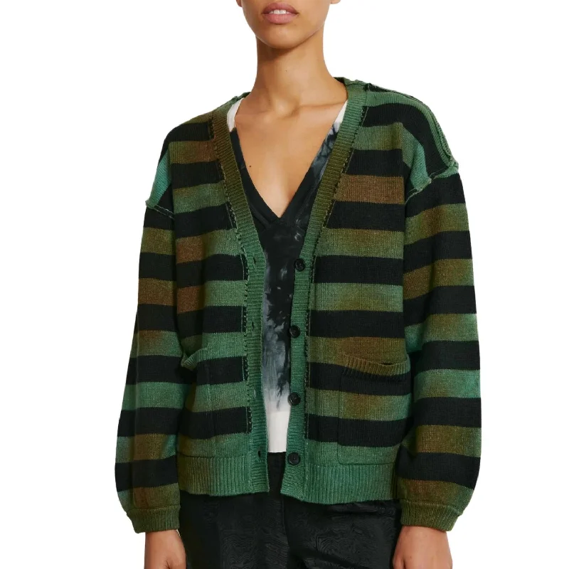 Viola Cardigan In Forest Stripe Satin Blend Silk Blend Wool Blend