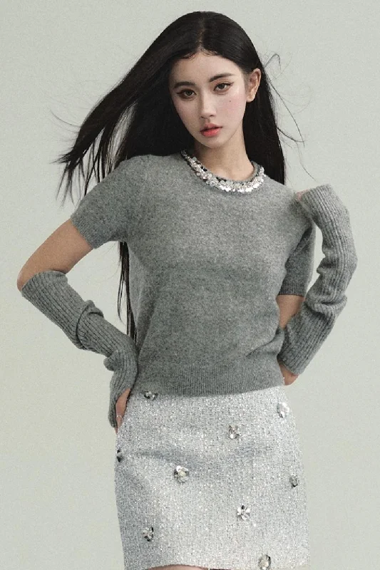 Elegant Layered Look: Pearl-Trimmed Cropped Sweater with Detachable Arm Warmers Handmade Hand-knitted Hand-woven Elegant Layered Look: Pearl-Trimmed Cropped Sweater with Detachable Arm Warmers Handmade Hand-knitted Hand-woven