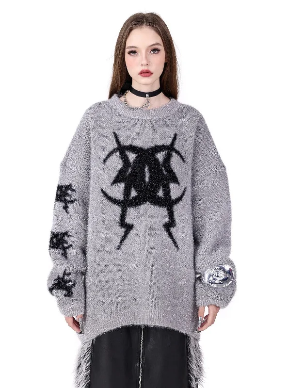 PINKSPINK Gothic Symbol Oversized Sweater - Grey and Pink Spandex Blend Rayon Blend Denim Blend PINKSPINK Gothic Symbol Oversized Sweater - Grey and Pink Spandex Blend Rayon Blend Denim Blend