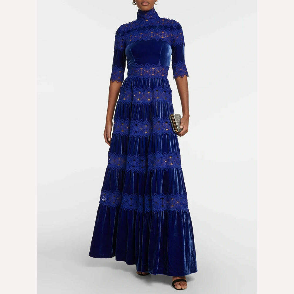 VGH Hollow Out Embroidery Elegant Dresses For Women Turtleneck Half Sleeve High Waist Spliced Tiered Lace Vintage Dress Female