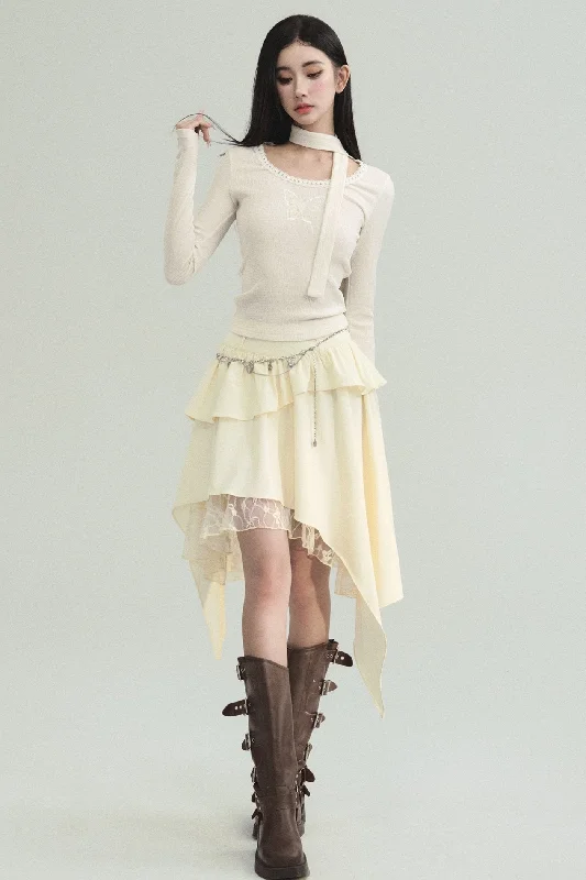 Ethereal Ivory Ensemble: Asymmetric Ruffled Midi Skirt & Choker-Neck Fitted Sweater Set Lightweight Heavyweight Midweight Ethereal Ivory Ensemble: Asymmetric Ruffled Midi Skirt & Choker-Neck Fitted Sweater Set Lightweight Heavyweight Midweight