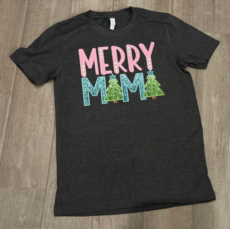 Adult Merry Mama Christmas Graphic Tee Denim Fabric Leather Fabric Suede Fabric